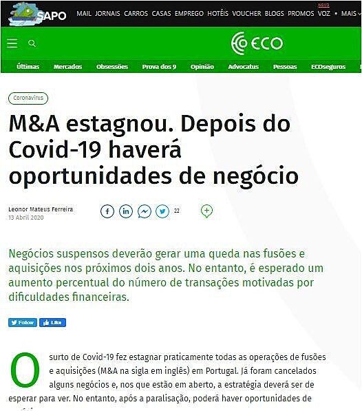 M&A estagnou. Depois do Covid-19 haver oportunidades de negcio